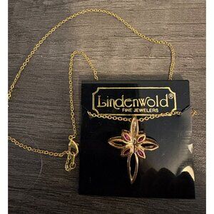 Lindenwold Fine Jewelers Gold-Tone Necklace With Ruby-Colored Gemstone Flower Pe